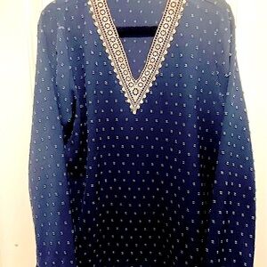 Navy Blue V-Neck Blouse with Lace Trim